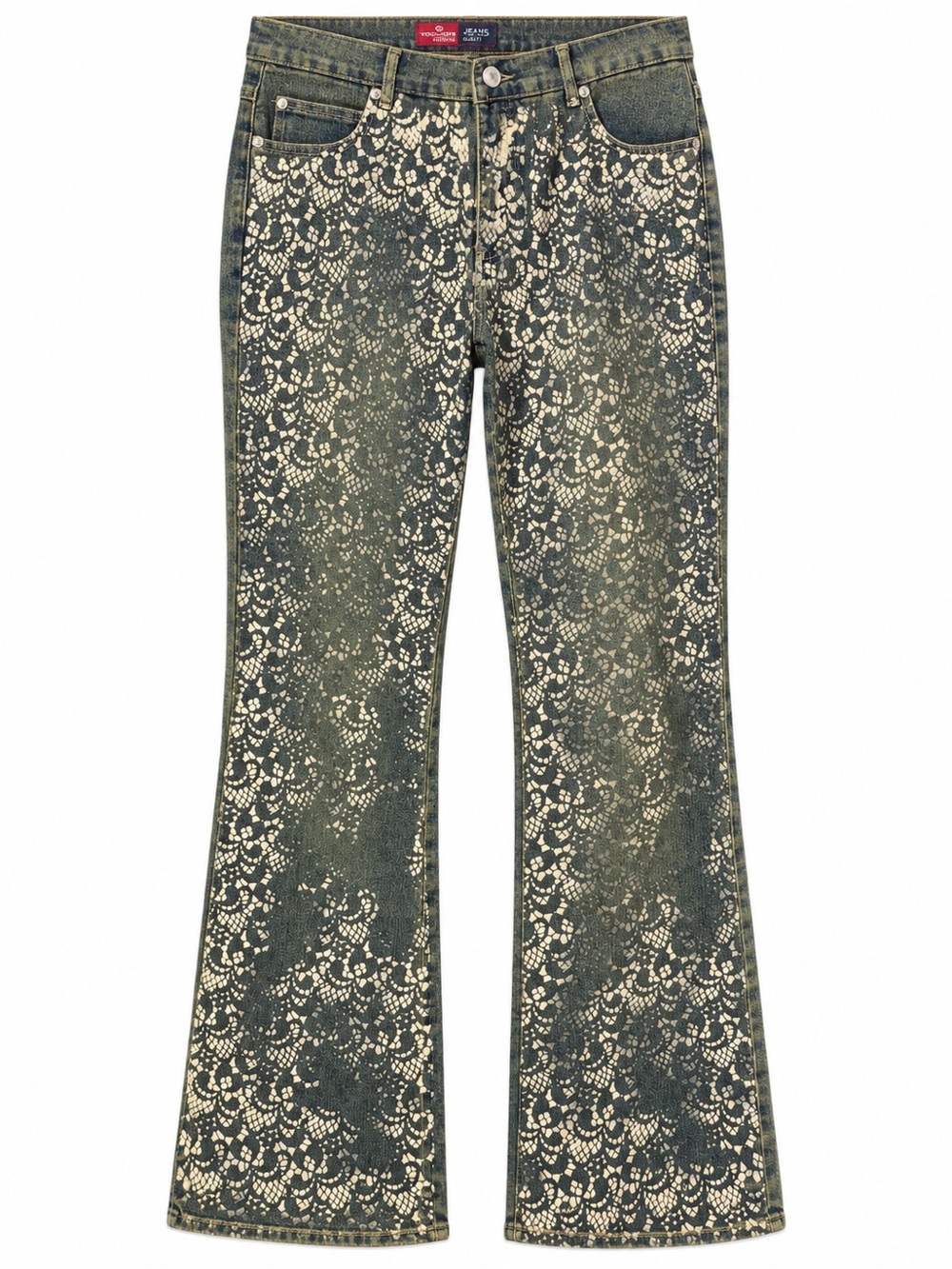 Younique Olive Green Flared Jeans with Cream Lace-Print